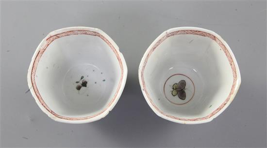 Two Chinese famille verte hexagonal cups and a pair of similar saucers, Kangxi period, 6.5cm and 13.5cm, faults